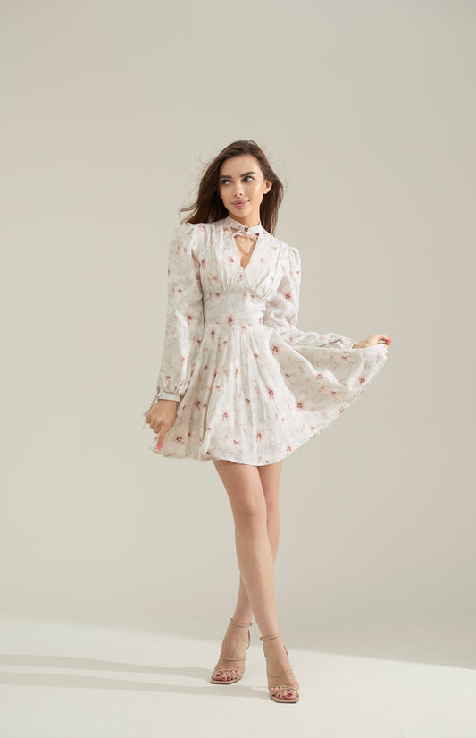 Floral Cotton Mini Dress – Long Sleeves, Elegant A-Line, Romantic Look