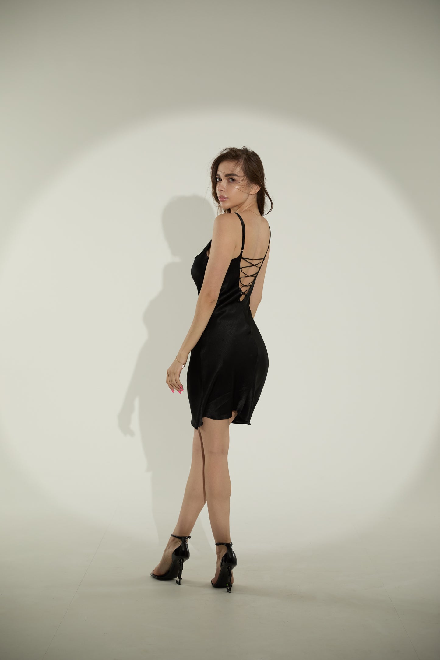 Black Mini Dress – Elegant Cowl Neck Slip Dress with Lace-Up Back